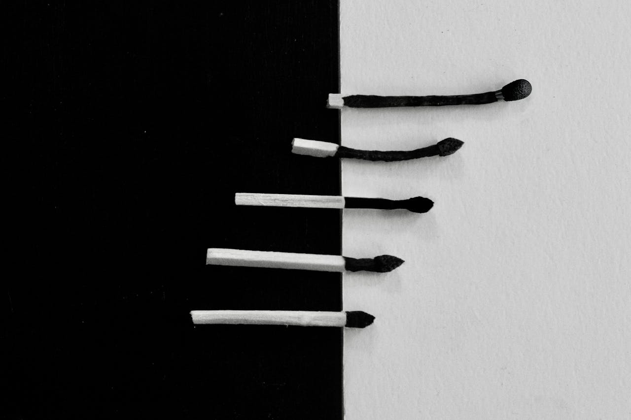 A conceptual black and white image of burnt matches aligned on a divided background, symbolizing contrast.